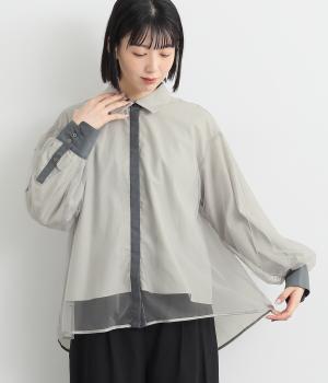 チュールレイヤード配色シャツブラウス(グレー-ONESIZE)