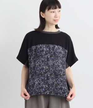 コットンリヨセルリバティぼかし花柄後ろタックバイカラープルオーバー(ブラック系-ONESIZE)