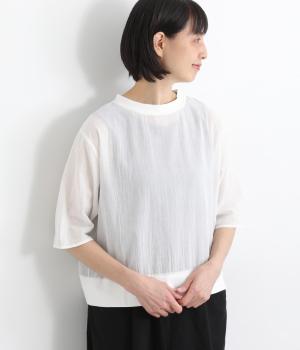 シアーコットン襟裾リブドッキングTシャツブラウス(オフホワイト-ONESIZE)