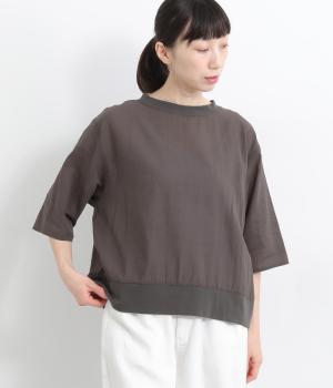 シアーコットン襟裾リブドッキングTシャツブラウス(チャコール-ONESIZE)