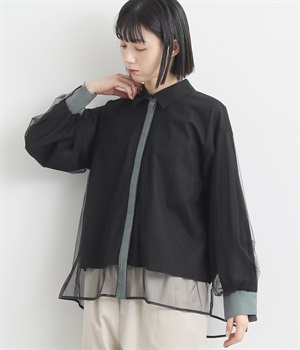 チュールレイヤード配色シャツブラウス