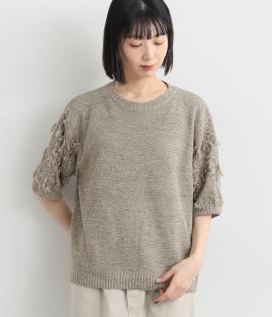 袖フリンジ襟裾リブ5分袖ニットプルオーバー
