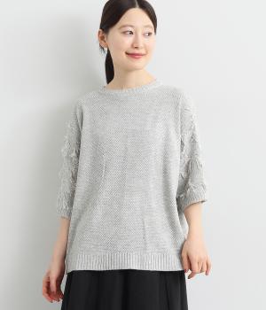 袖フリンジ襟裾リブ5分袖ニットプルオーバー(グレー-ONESIZE)