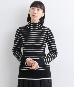 裾袖口ライン配色リブボーダータートルネックニット