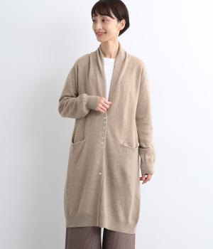 ウールGLENARAちび釦ポケット付きクシュクシュネックロングカーディガン(ベージュ-F)