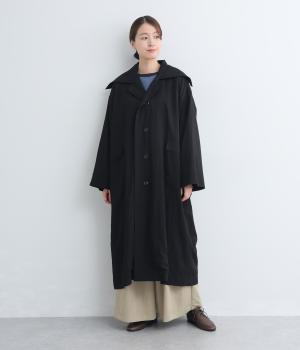 ウォッシュ加工大きめ襟後のろヨークギャザーロングコート(ブラック-F)