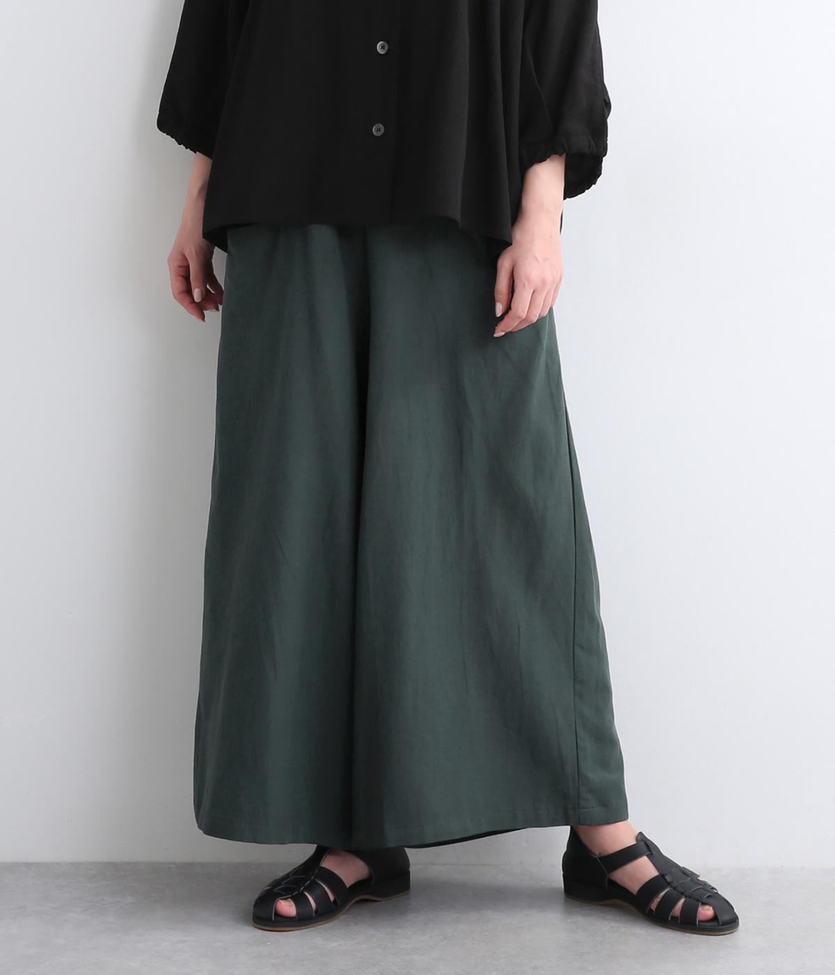 コットンリネンレーヨンギャザーフレアパンツ(ダークグリーン-ONESIZE)