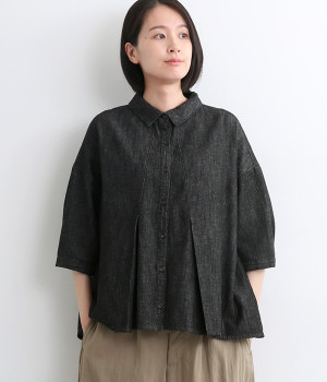 コットンリネンデニムタックフレアシャツ
