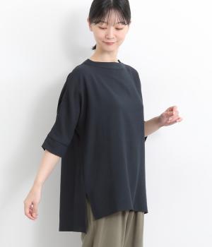 ポリレーヨン背面タック前後差ブラウス(ネイビー-ONESIZE)