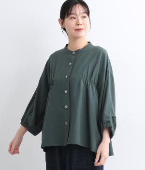 コットンリネンレーヨン胸袖ギャザースリットネックシャツ