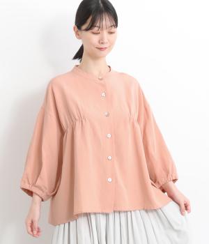 コットンリネンレーヨン胸袖ギャザースリットネックシャツ(ピンク-ONESIZE)
