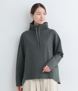 スラブ度詰め天竺後ろ布帛ボトルネックパーカー(チャコール-F)