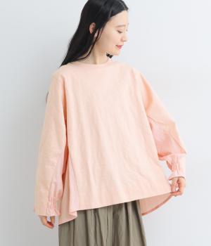 スラブ度詰め天竺後ろ布帛袖ゴムギャザーフレアプルオーバー(ピンク-F)