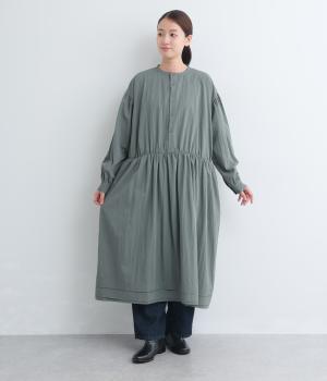 ウォッシュ加工ギャザー切替ワイドワンピース(ブルーグレー-F)