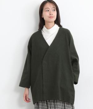コットンリネン先染めツイル起毛スナップボタンワイドジャケット(ダークグリーン-F)