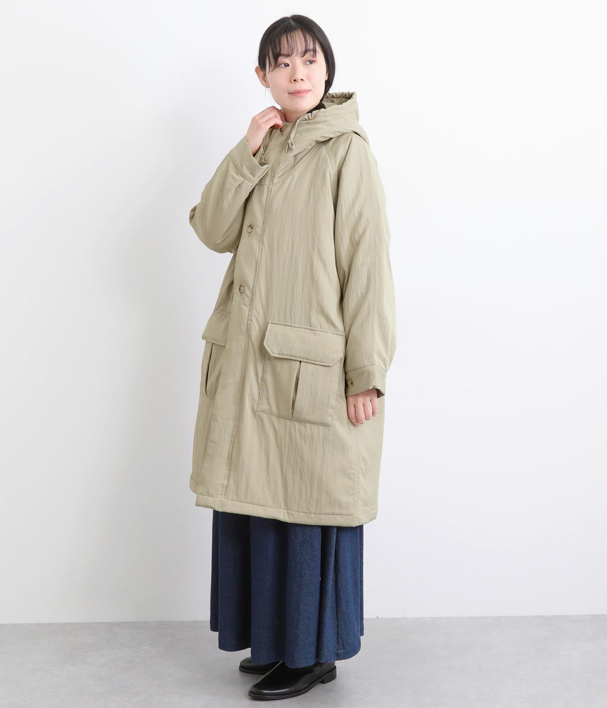 レーヨンナイロンツイル中綿フードロングコート(ライトベージュ-F)