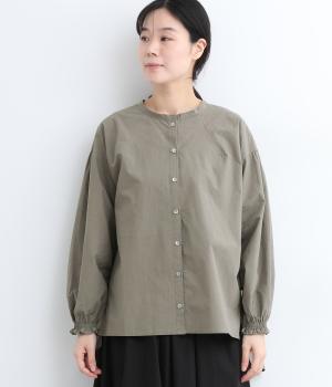 コットン背面ギャザーネッククルーブラウス(グレー-ONESIZE)