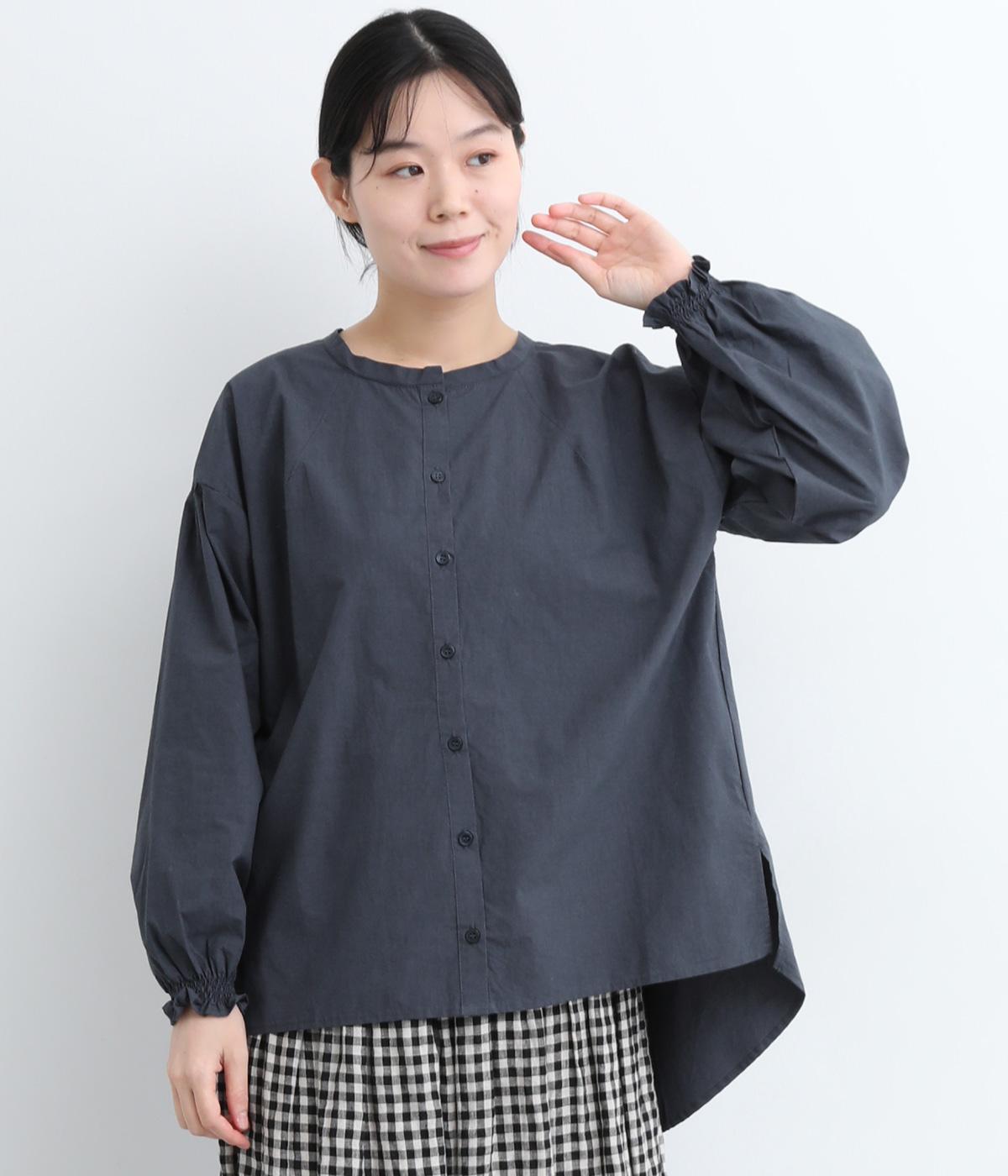 コットン背面ギャザーネッククルーブラウス(ネイビー-ONESIZE)