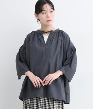 コットンひも付きフレアブラウス(ネイビー-ONESIZE)