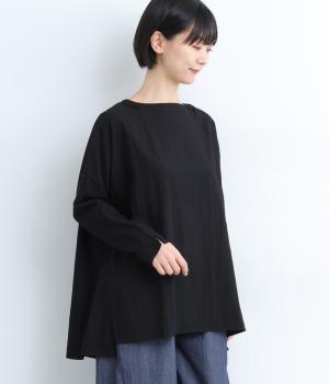 レーヨンナイロンツイルショールネック背面タックブラウス(ブラック-F)