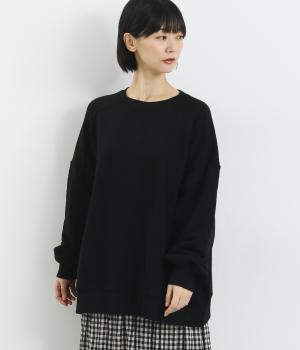 スラブメランジ裏毛袖裾リブボックスプルオーバー(ブラック-F)