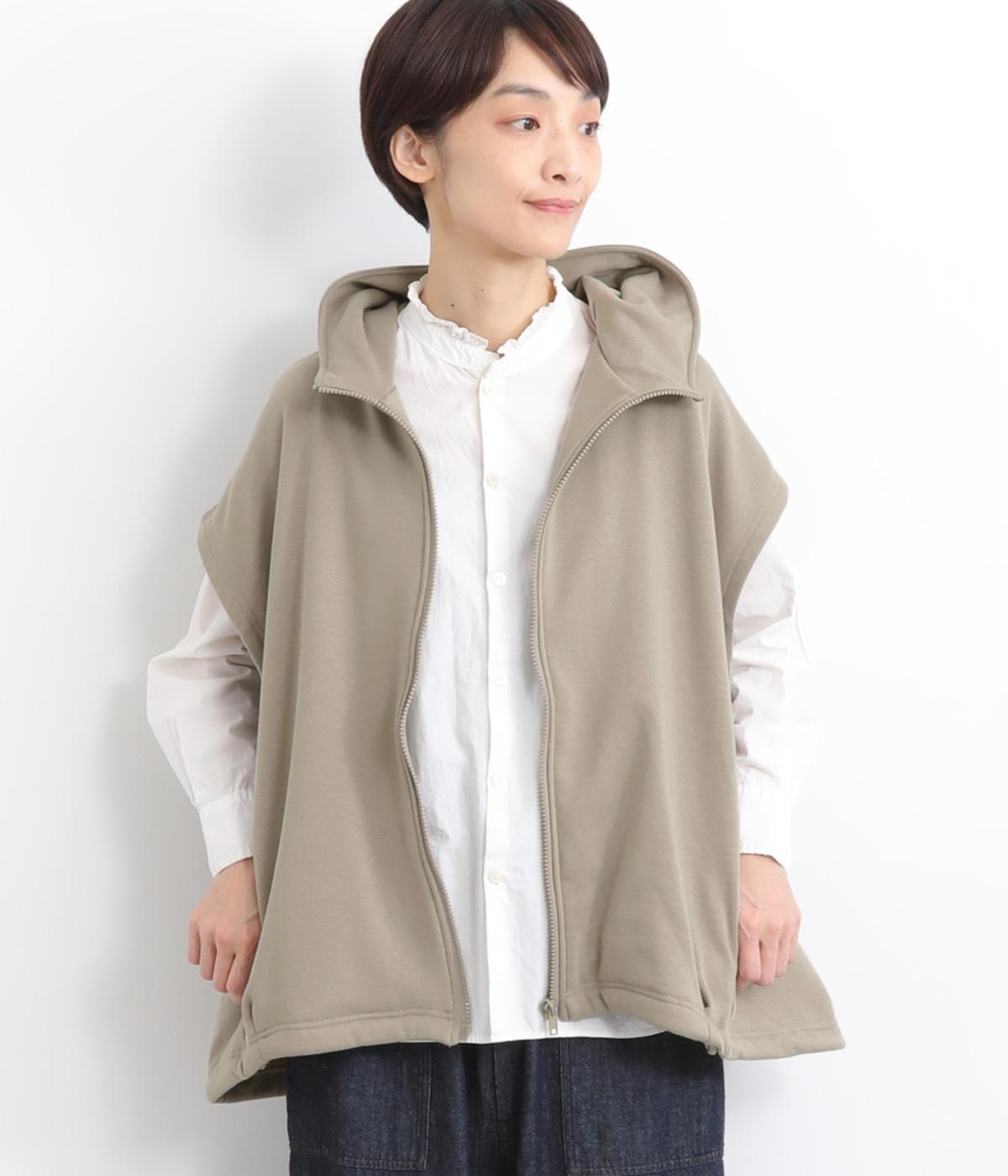 ベロア裏毛フード風ジップベスト(グレイベージュ-F)
