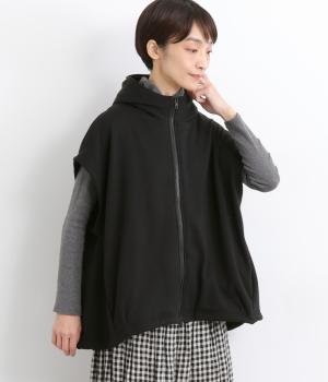 ベロア裏毛フード風ジップベスト(ブラック-F)