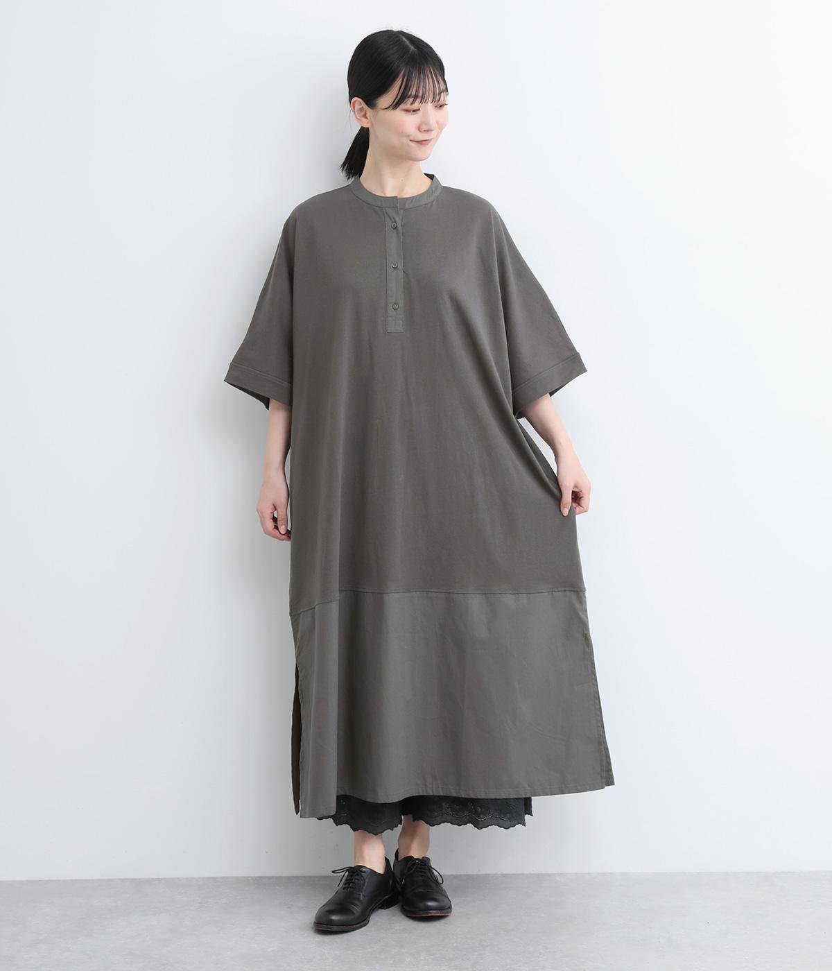 コットン天竺布帛切替ハイネックワンピース(チャコール-ONESIZE)