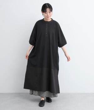 コットン天竺布帛切替ハイネックワンピース(ブラック-ONESIZE)