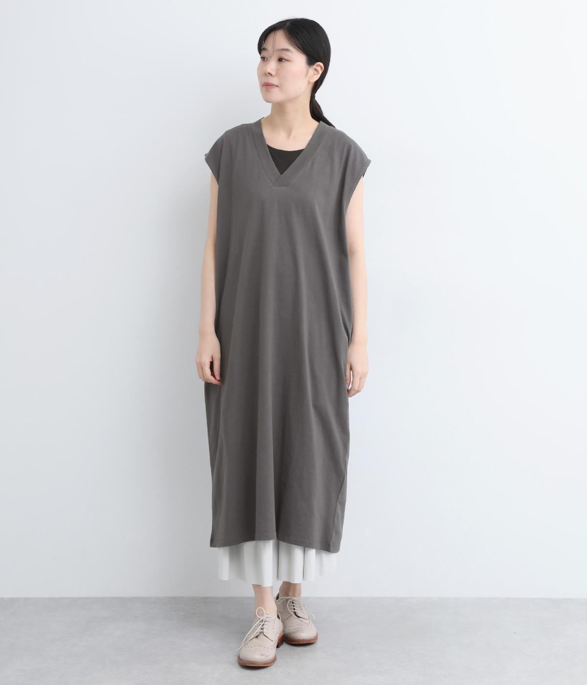 コットン天竺Vネックノースリーブワンピース(チャコール-ONESIZE)