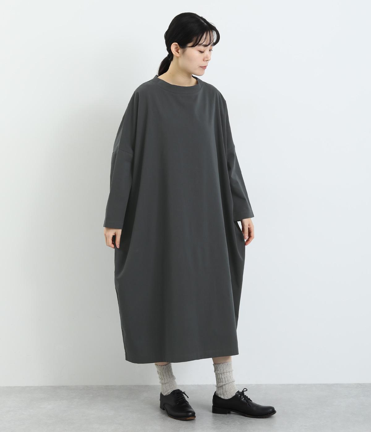 コットンレーヨン起毛ツイルバイオシャーリングネックボックスワンピース(チャコール-F)