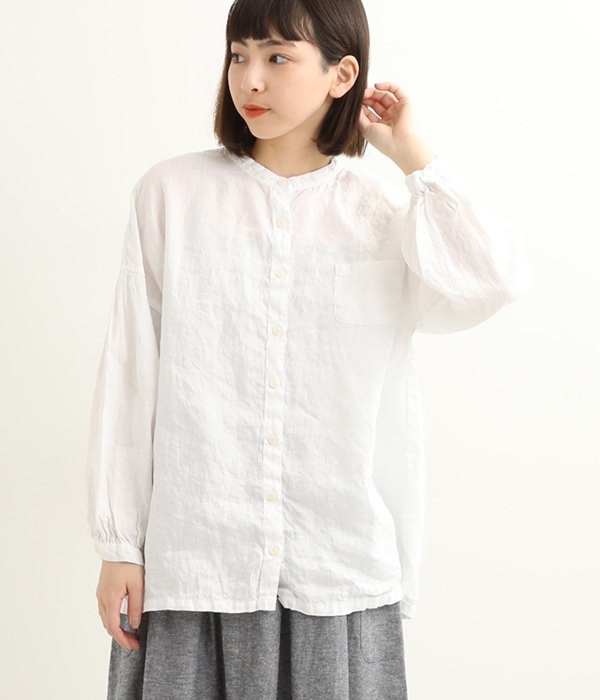 フレンチリネンスタンドカラーシャツ(ホワイト-ONESIZE)