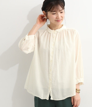 ボイル日本製品染め　ギャザーブラウス(オフホワイト-ONESIZE)