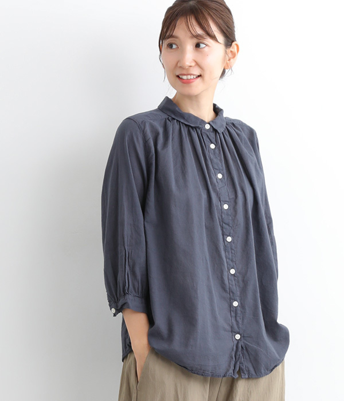 ボイル日本製品染め　ギャザーブラウス(グレーネイビー-ONESIZE)