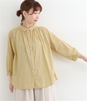 ボイル日本製品染め　ギャザーブラウス(イエロー-ONESIZE)