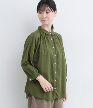 ボイル日本製品染め　ギャザーブラウス(パイングリーン-M)