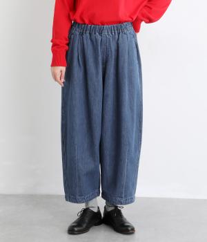 10ozコットン甘織デニム・ヒッコリー裾タックワイドパンツ