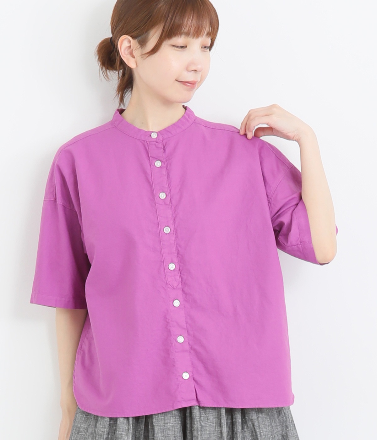 オックス日本製品染め5分袖ワイドシャツ(パープル-ONESIZE)