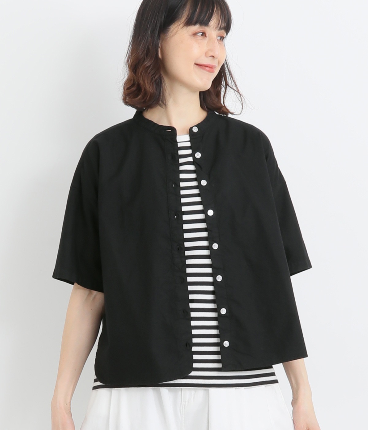 オックス日本製品染め5分袖ワイドシャツ(ブラック-ONESIZE)