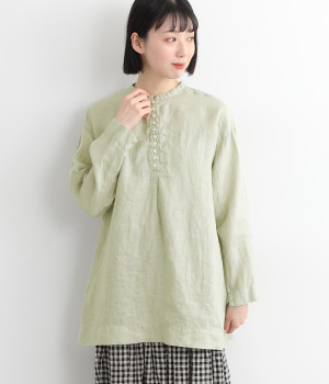 リネン平織日本製品染多釦シャツチュニック(ペールミント-ONESIZE)
