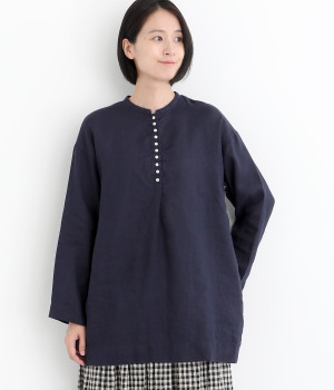リネン平織日本製品染多釦シャツチュニック(ネイビー-ONESIZE)