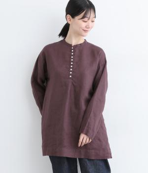 リネン平織日本製品染多釦シャツチュニック(セピアチャコール-ONESIZE)