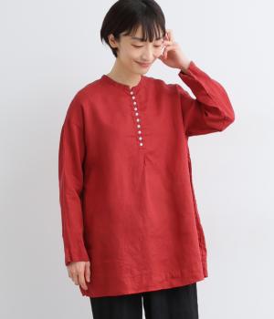 リネン平織日本製品染多釦シャツチュニック(ボビーレッド-F)