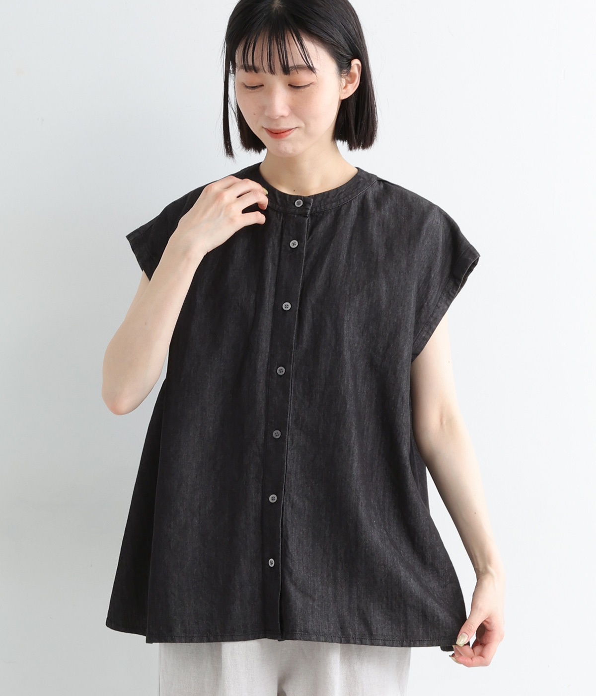 コットンテンセルデニム　ワイドブラウス(クロ-ONESIZE)