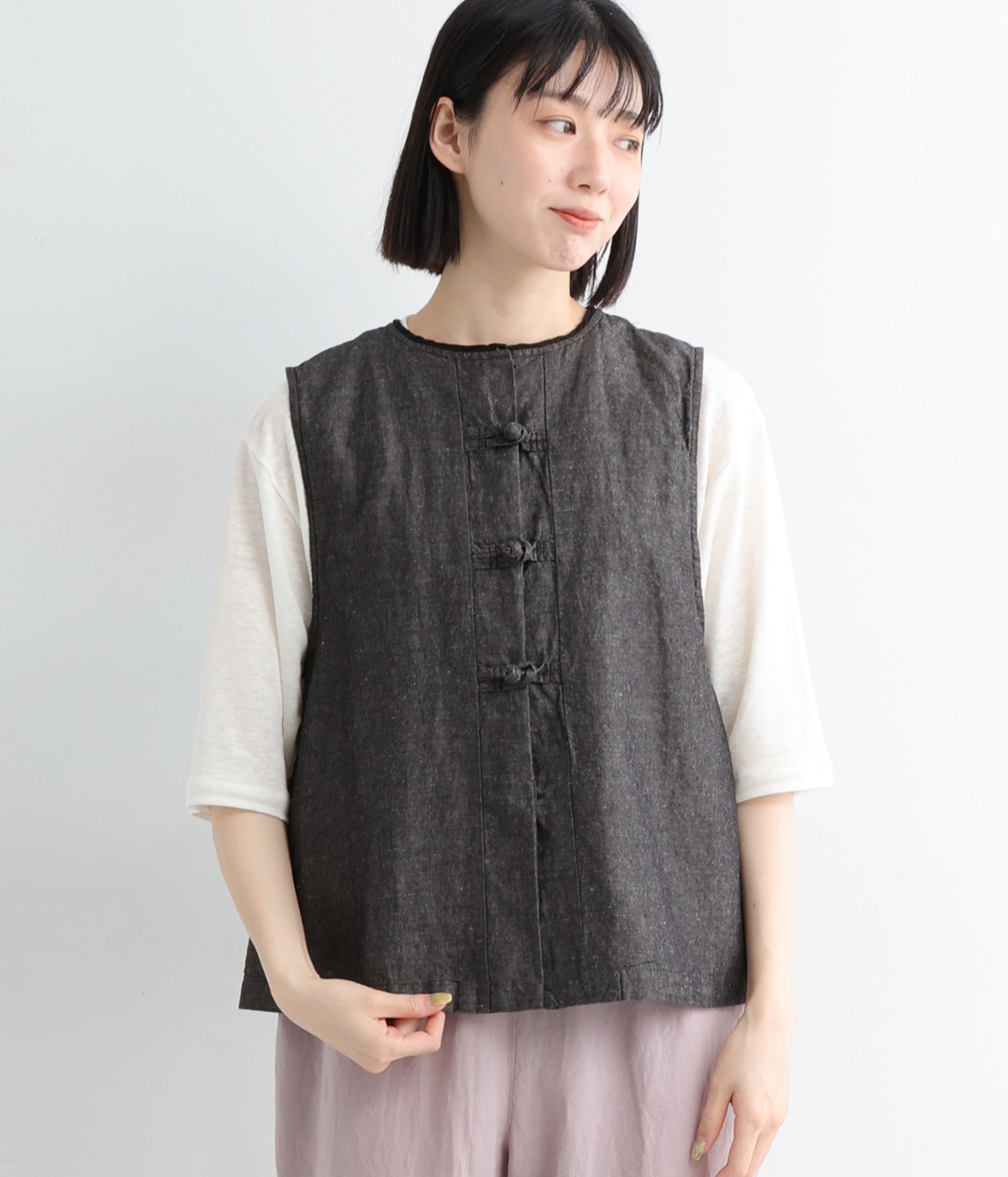 美品 中川政七商店 リネン コットン ベスト ユニセックス イエロー系 tukuroi by SUN VALLEY】コットンリネン チャイナ釦ベスト（SUN