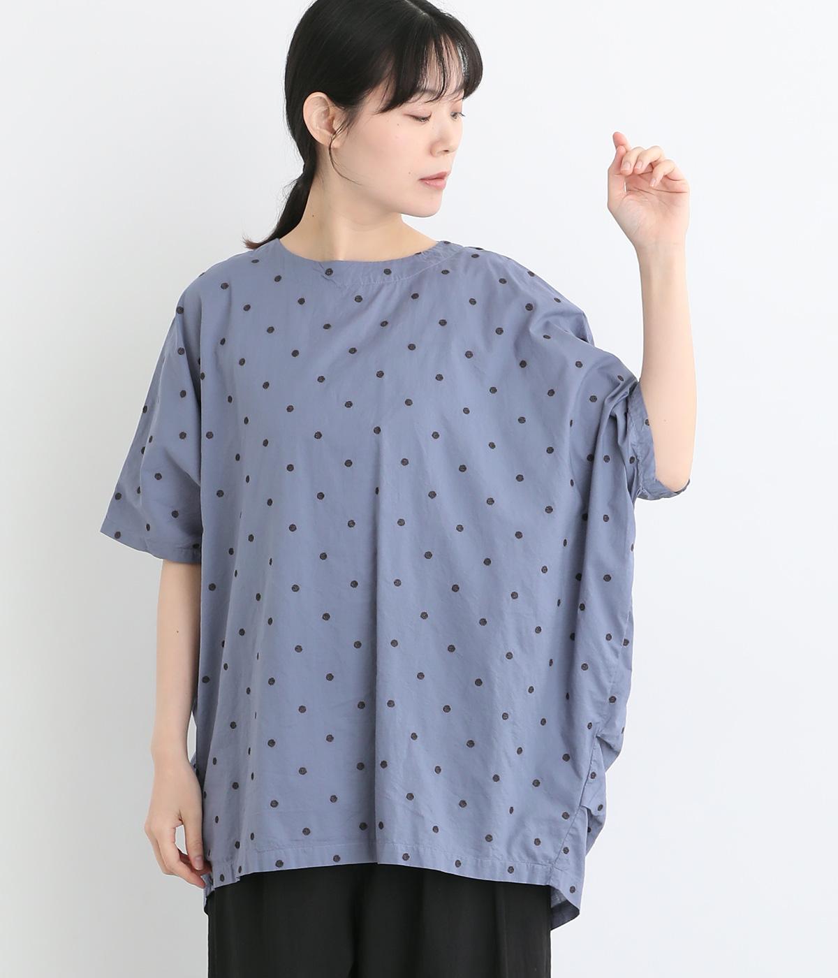 コットンローン総柄刺繍ドット柄日本製品染5分袖ワイドブラウス