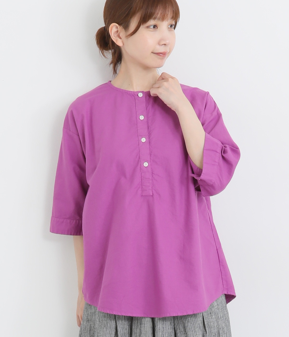 オックス日本製品染め6分袖チュニックプルオーバー(パープル-ONESIZE)