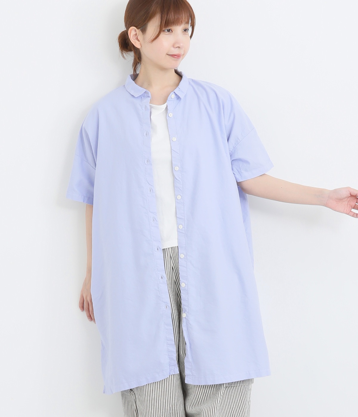 オックス日本製品染め5分袖チュニックブラウス(ライトブルー-ONESIZE)