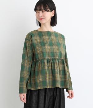 50コットン平織チェック柄切替ギャザーフレアシャツ