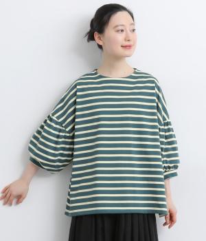 32コットン×ポリエステル引き揃え天竺ボーダー7分袖カットソー(グリーン×アイボリー-F)